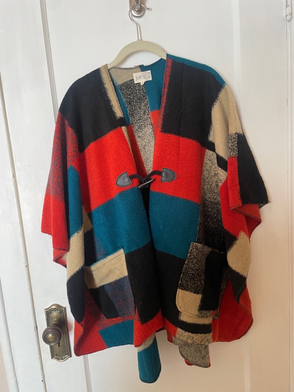 Jolt Red Teal Black Cream Colorblock Toggle Poncho